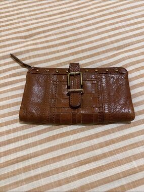The Sak Brown Leather Zip Wallet with Buckle Accent